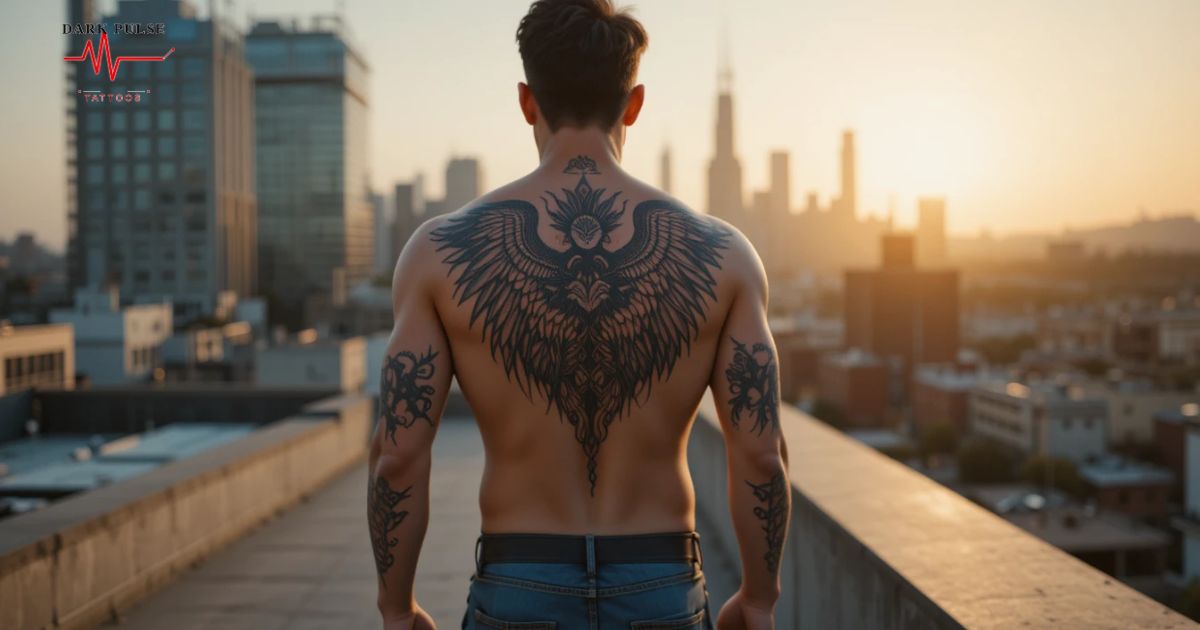 Back tattoo ideas for men — bold black-ink design showcasing detailed, masculine tattoo artistry across the shoulders and upper back
